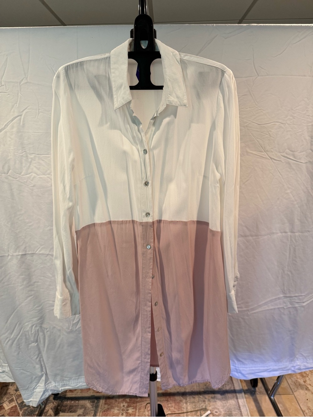 Seraphine Maternity Two-Tone Button-Front Shirt Dress — White & Dusty Rose